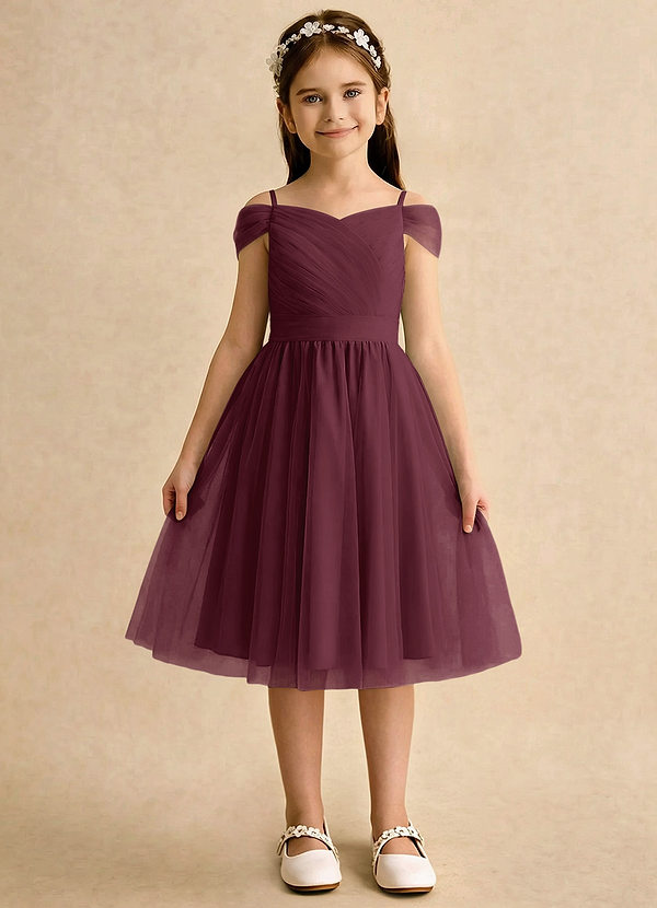 Azazie Lila Girls Formal Sukienki dla dziewczynek sypiących kwiaty Linia A Zza ramienia Tiul Długość do kolan Sukienka image1