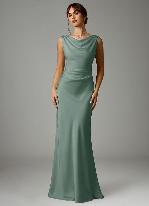 Azazie Kieryn Bridesmaid Dresses Silver Sage Mermaid Pleated Stretch Satin Dress image1
