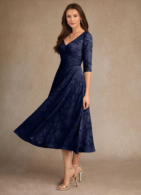 Azazie Durant Mother of the Brides Dresses Dark Navy A-Line Pleated Floral Burnout Dress image1