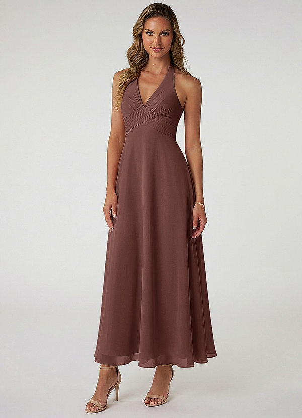 Azazie Tessie 신부 들러리 드레스 A라인 주름진 쉬폰 발목 길이 드레스 image1