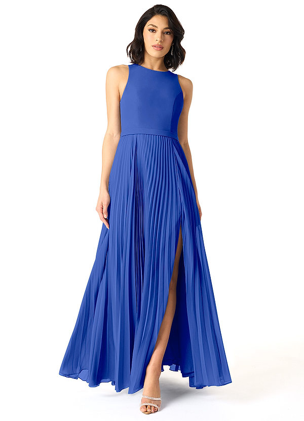 Azazie Lindie Bridesmaid Dresses Royal Blue A-Line Scoop Pleated Chiffon Dress image1