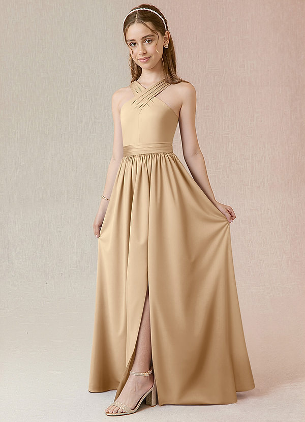 Azazie Jiya Junior A-linja Pliseerattu Joustava satiini Lattian pituus Nuorempi morsiusneito Pukeutua image1