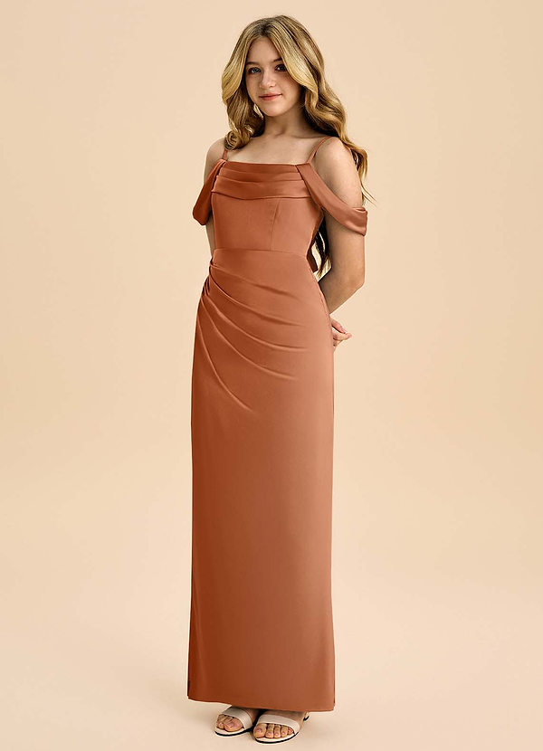 Azazie Saige Junior Robe Fourreau en Satin extensible Épaule décolletée Cuivre image1