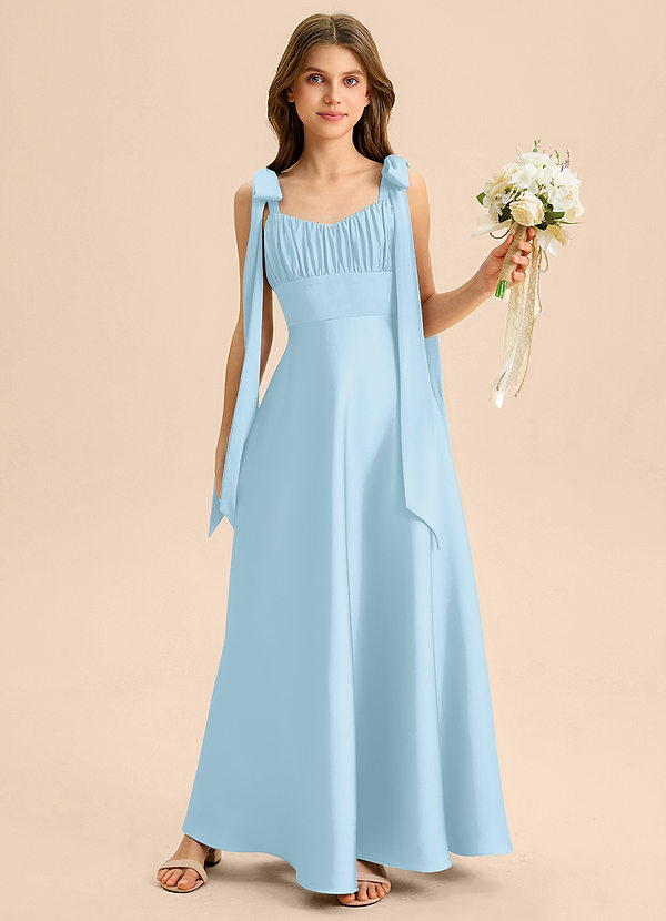 Azazie Halley Junior Abito A-Line in Raso Elasticizzato Fiocco Azzurro image1