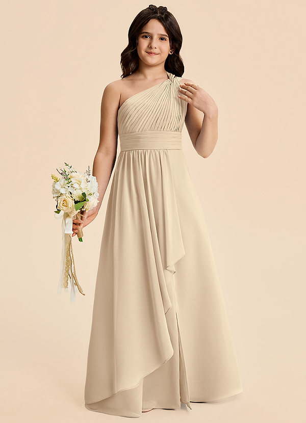 Azazie Skye Junior A-Linie Plissee Chiffon Kleid Champagner image1