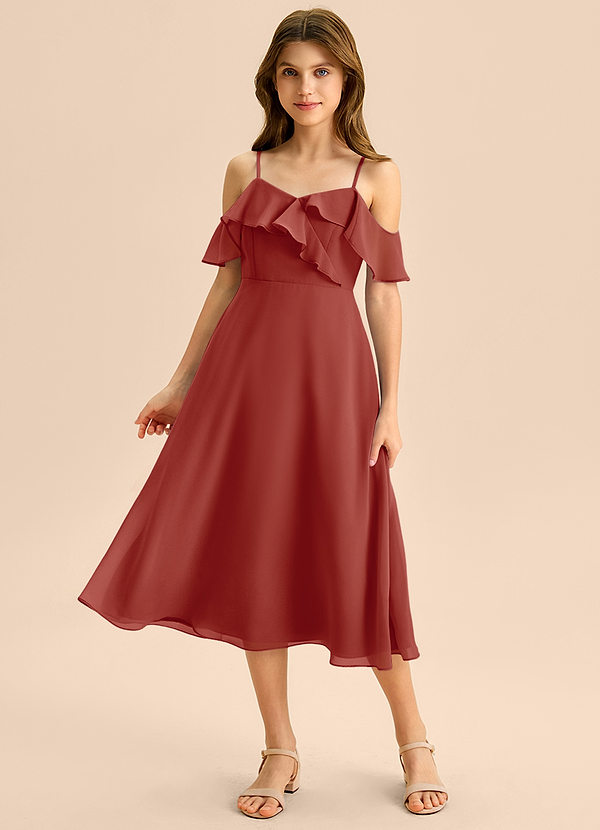 Azazie Kamilla Junior Abito A-Line in Chiffon a Spalla Scoperta Terracotta image1