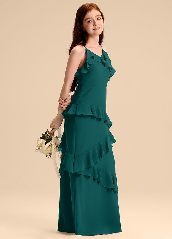 Azazie Evara Junior Abito A-Line in Chiffon Verde Pavone image1