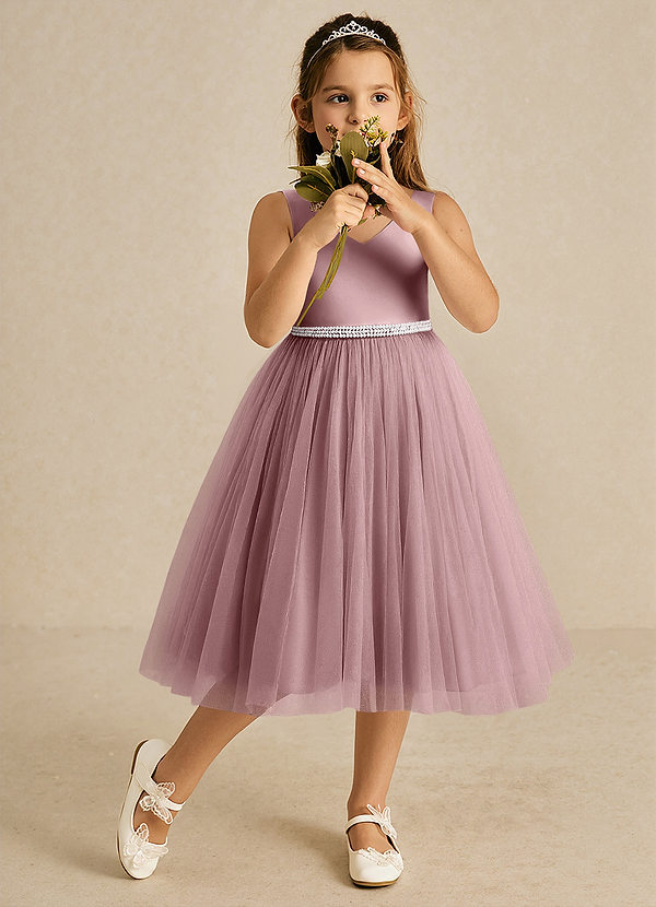 Azazie Firefly Flower Girl Dresses Dusty Rose A-Line Bow Matte Satin Dress image1