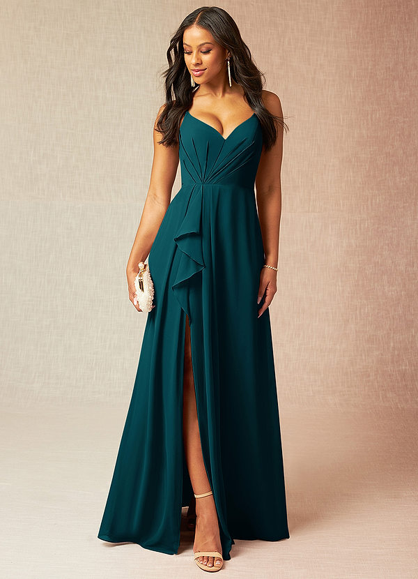 Azazie Kyedae Bridesmaid Dresses Pine A-Line V-Neck Pleated Chiffon Dress image1