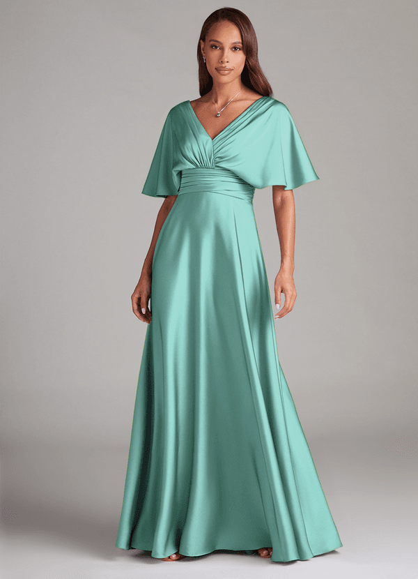 Azazie Pamela Bridesmaid Dresses Aqua A-Line Pleated Stretch Satin Dress image1