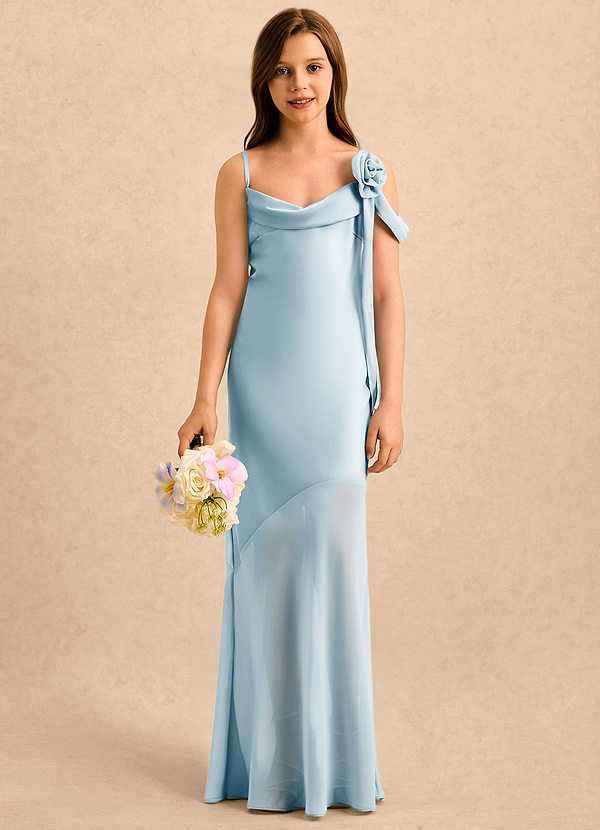 Azazie Kai Girls Formal Sukienki dla dziewczynek sypiących kwiaty Osłona Pofałdowany Satyna elastyczna Długość podłogi Sukienka image1