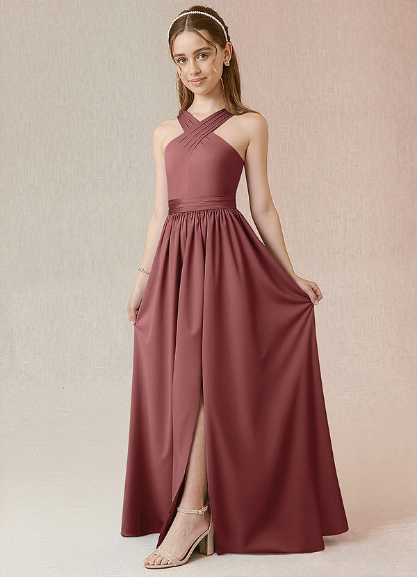 Azazie Jiya Junior Vestido Ametista de Cetim elástico de Linha A com Plissado image1