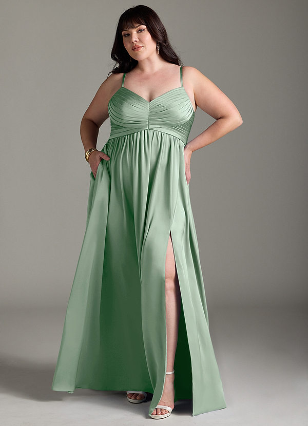 Azazie Alia Suknie dla druhen Linia A Pofałdowany Satyna elastyczna Do ziemi Sukienka image1