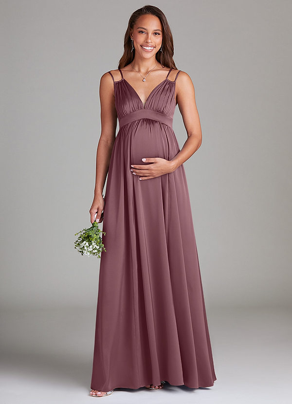Azazie Emree Robes de demoiselle d'honneur maternité Robe Trapèze Avec poches Longueur ras du sol Satin extensible image1
