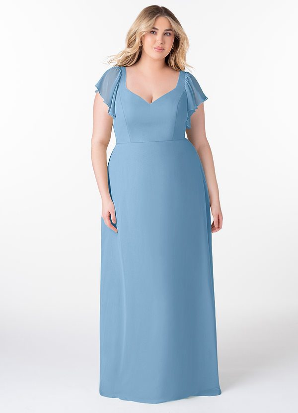 Azazie Syenna Bruidsmeisjesjurken Jurk van Chiffon met A-Lijn Ruches Staal Blauw image1