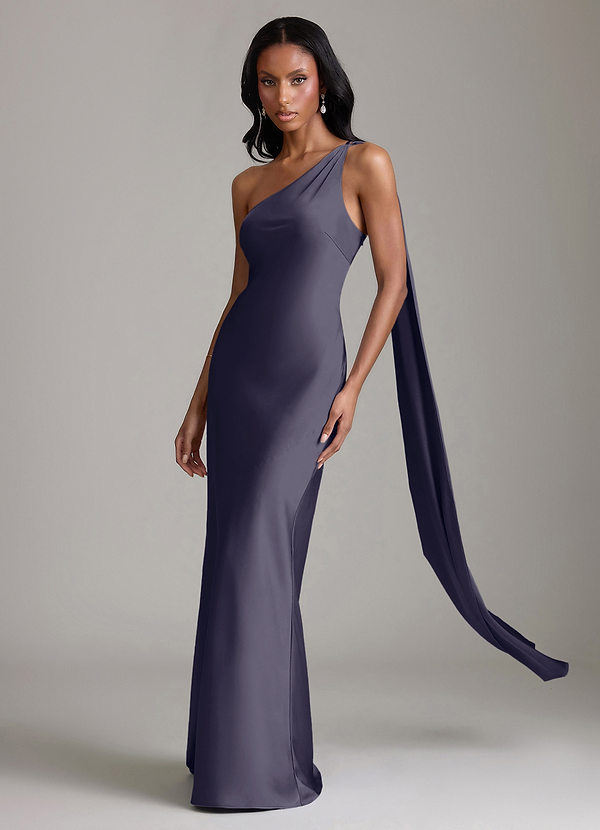 Azazie Galinda Suknie dla druhen Syrena Jedno ramię Satyna elastyczna Do ziemi Sukienka image1