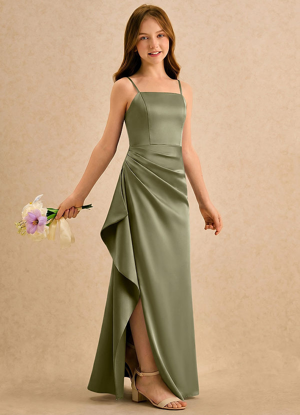 Azazie Cannoli Girls Formal Sukienki dla dziewczynek sypiących kwiaty Linia A Pofałdowany Satyna elastyczna Długość podłogi Sukienka image1