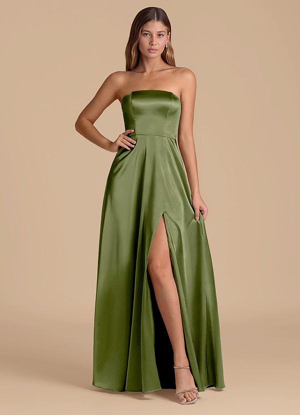 Azazie Wren 신부 들러리 드레스 A라인 스트랩리스 메탈릭 새틴 바닥 길이 드레스 image1