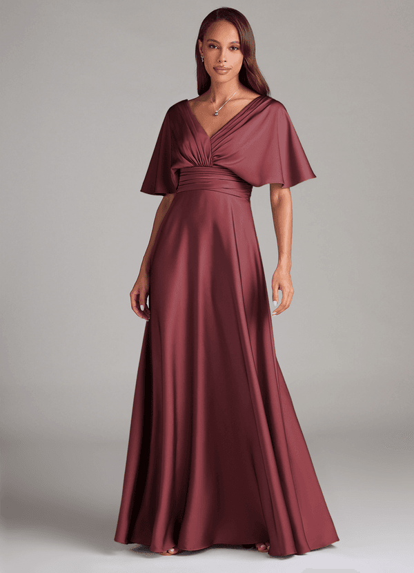 Azazie Pamela Bridesmaid Dresses Merlot A-Line Pleated Stretch Satin Dress image1