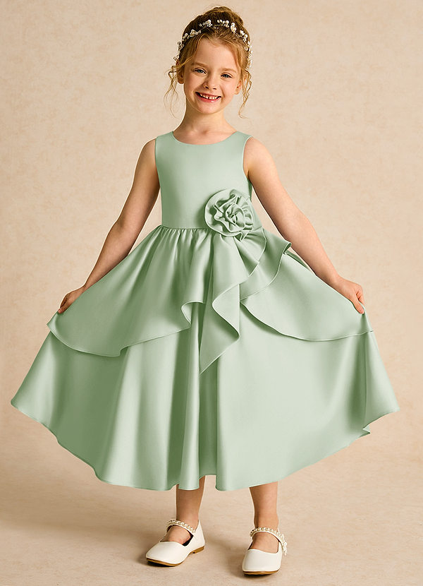 Azazie Hermia Robes de Fillette d'Honneur Robe Trapèze en Mat Satiné Sans manches Vert Sauge image1