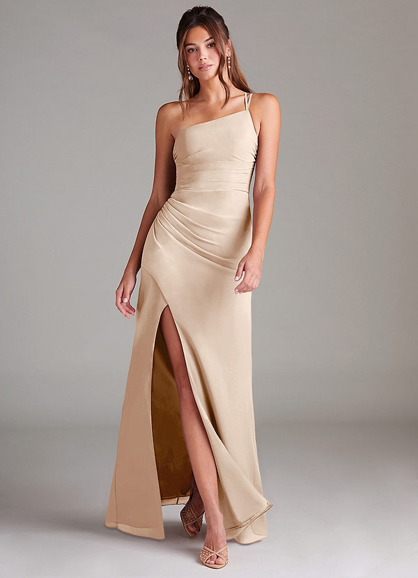 Azazie Eren Vestidos Dama de Honor Vestido de Alabastro Blanco de Gasa de Corte Recto con Hombro unilateral image1