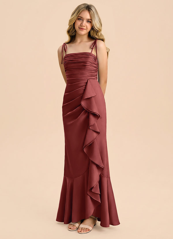 Azazie Ryan Junior Terracotta Sheath Bow Stretch Satin Dress image1