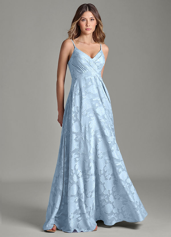 Azazie Amani 신부 들러리 드레스 A라인 주름진 플로럴 번아웃 바닥 길이 드레스 image1