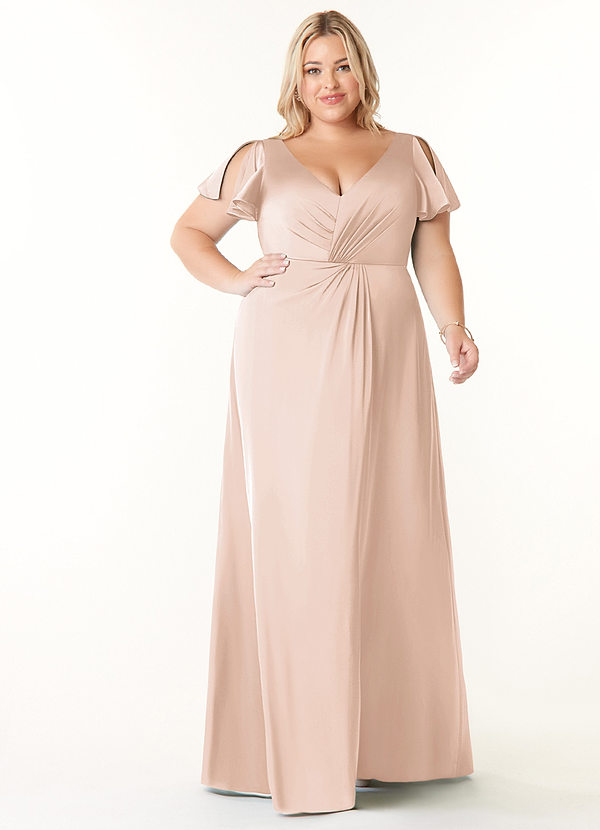 Azazie Soren Bridesmaid Dresses Blushing Pink A-Line Pleated Stretch Satin Dress image1