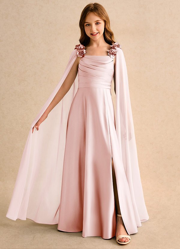 Azazie Rosita Junior Formal Flower Girl Dresses Blushing Pink A-Line Pleated Matte Satin Dress image1