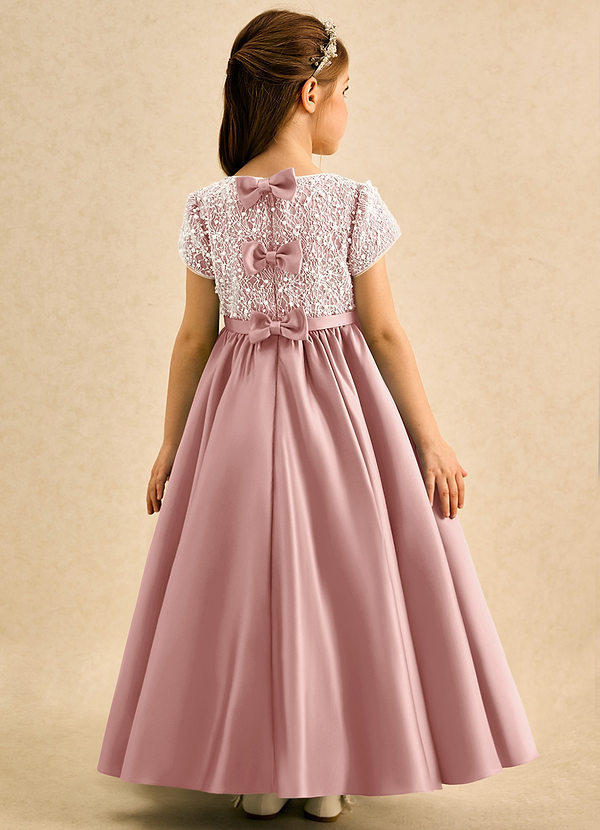 Azazie Cashew Flower Girl Dresses Rose Gold Ball-Gown with Sleeves Matte Satin Dress image1