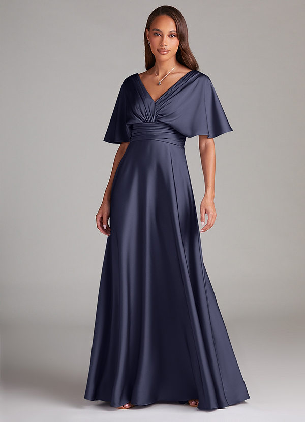 Azazie Pamela Bridesmaid Dresses Stormy A-Line Pleated Stretch Satin Dress image1