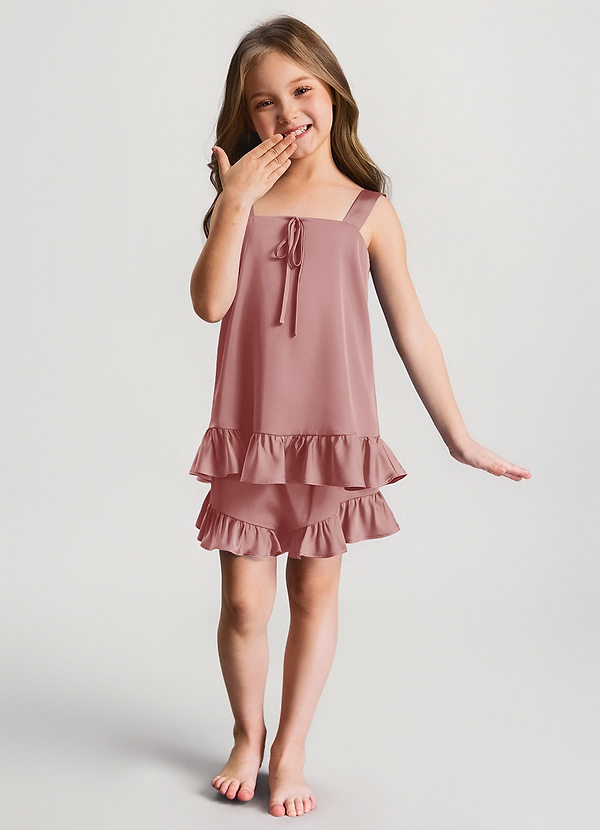 front Altrosa Mädchen-Pyjama-Set aus Satin-Rüschenoberteil und Shorts