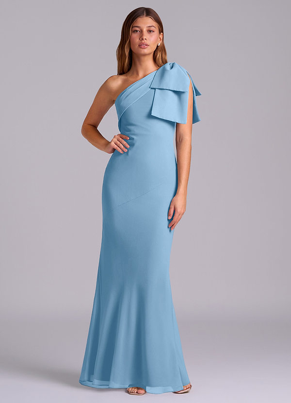 Azazie Yuanna Robes Demoiselle d'honneur Robe Sirène en Mousseline de soie Ue épaule Acier Bleuté image1