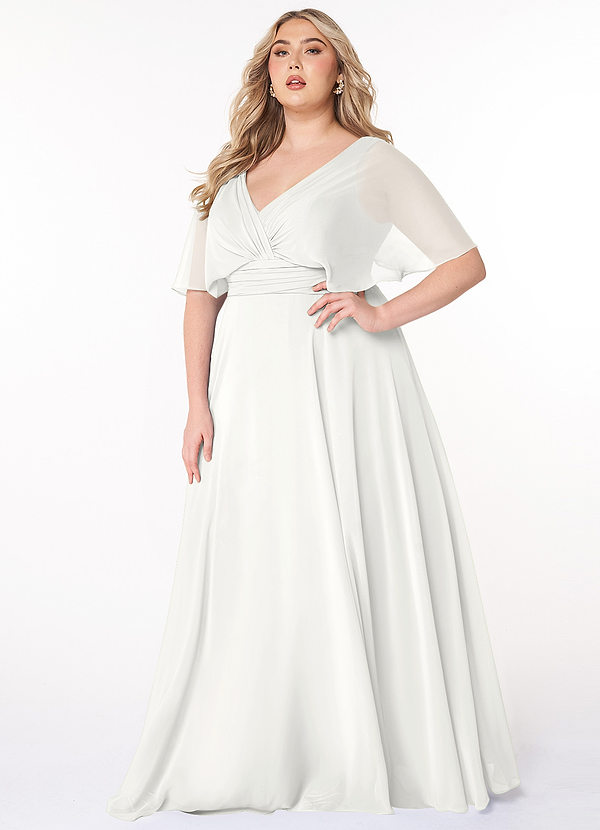 Azazie Pamela Robes Demoiselle d'honneur Robe Trapèze en Mousseline de soie Col V plissé Blanc image1