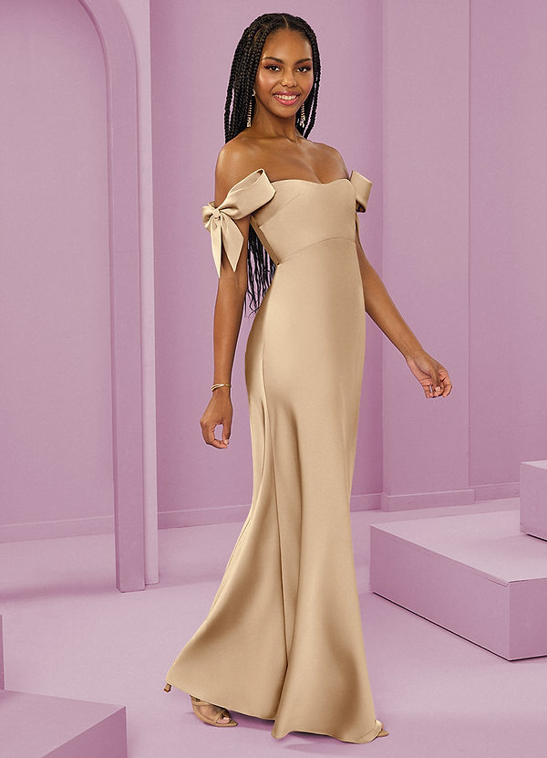 Barbie ♥ Azazie Bridesmaid Dresses Champagne Sheath Off the Shoulder Stretch Satin Convertible Dress image1