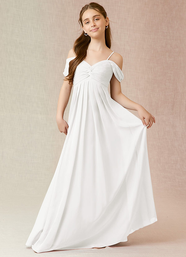 Azazie Kaitlynn Junior White A-Line Off the Shoulder Chiffon Dress image1