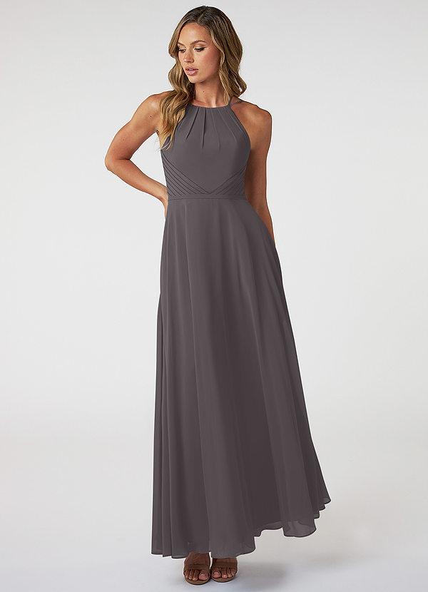 Azazie Melinda Bridesmaid Dresses Steel Grey A-Line Pleated Chiffon Dress image1