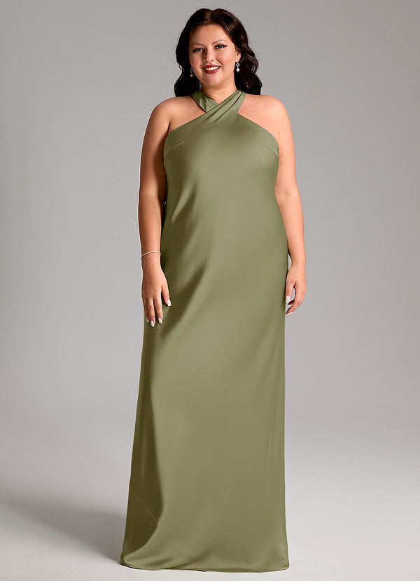 Azazie Doretta Vestidos Dama de Honor Vestido de Pistacho de Satén Elástico de Corte Sirena con Plisado image1