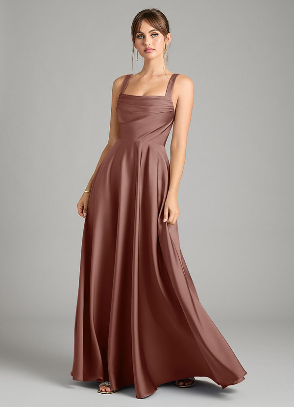 Azazie Shaude Bridesmaid Dresses Espresso A-Line Pleated Stretch Satin Dress image1