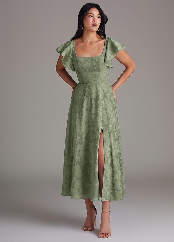 Azazie Bondi Bridesmaid Dresses Pistachio A-Line Ruched Floral Burnout Dress image1