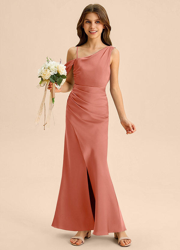 Azazie Madelyn Junior Salmon Pink Sheath Off the Shoulder Stretch Satin Dress image1