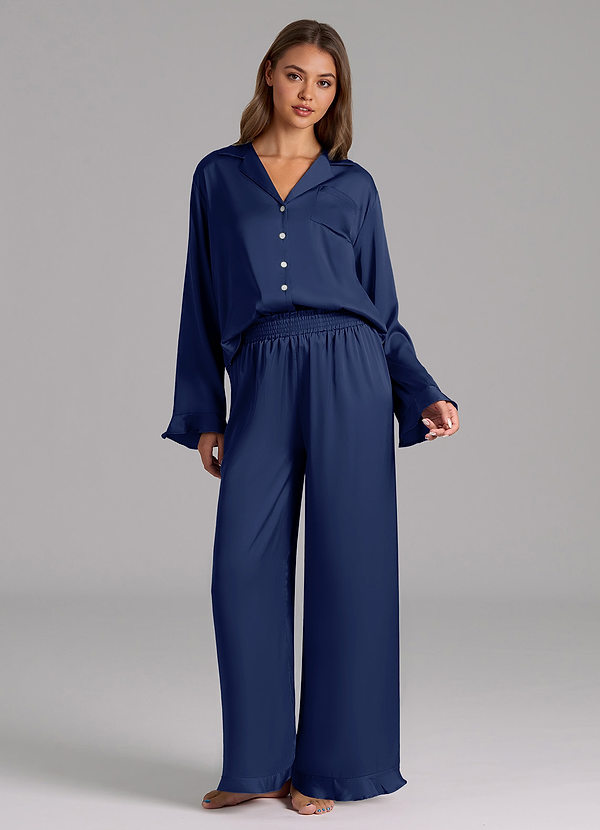 front Matching Color Ruffled Satin Long Sleeve Pajama Set