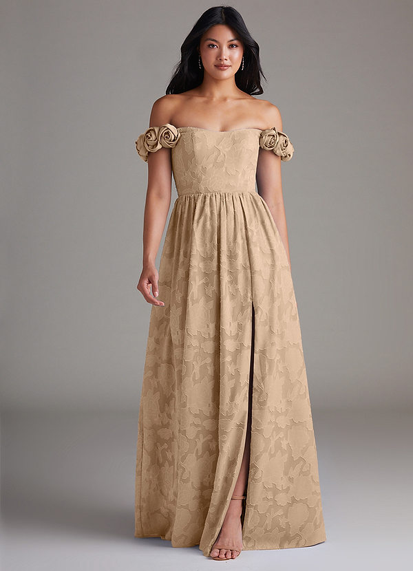 Azazie Autumn Robes Demoiselle d'honneur Robe Trapèze Convertible en Blumen-Burnout Épaule décolletée Champagne image1