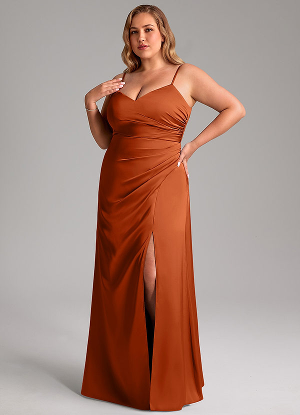 Azazie Azuree Bridesmaid Dresses Burnt Orange A-Line Pleated Stretch Satin Dress image1