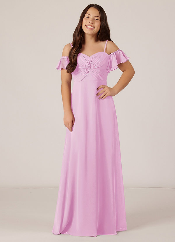 Azazie Juna Junior Robe Trapèze en Mousseline de soie Épaule décolletée Rose Bonbon image1