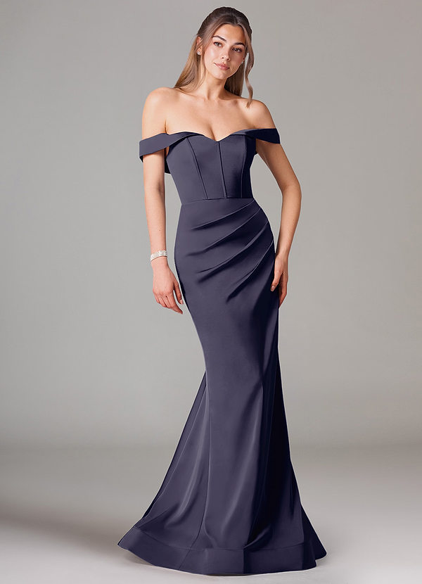 Azazie Everly Bridesmaid Dresses Stormy Mermaid Off the Shoulder Stretch Satin Convertible Dress image1