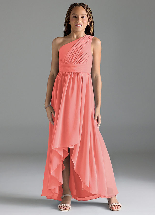 Azazie Mathilda Junior Robe Trapèze en Mousseline de soie Plissée Corail image1