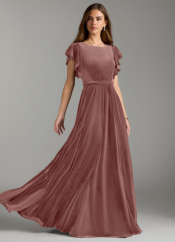 Azazie Daphne Modest Bridesmaid Dresses A-Line Velvet Floor-Length Dress with Belt image1