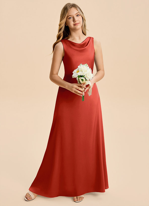 Azazie Kiki Junior Rust A-Line Bow Stretch Satin Dress image1