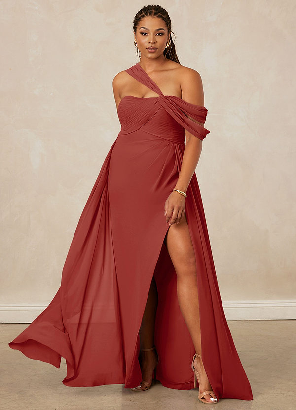 Christian Siriano Bridal for Azazie 1014 Robes Demoiselle d'honneur Robe Trapèze en Mousseline de soie Épaule décolletée Terracotta image1